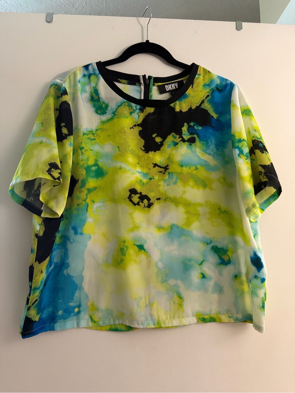 DKNY Neon Watercolor Silk Top - Yellow Blue Black